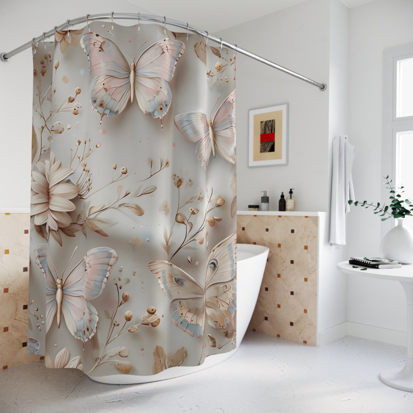 Elegant Floral Butterfly Shower Curtain, Bathroom Decor, Spring Home Accessory, Gift for Her, Nature-Inspired Design - Shower Curtains,