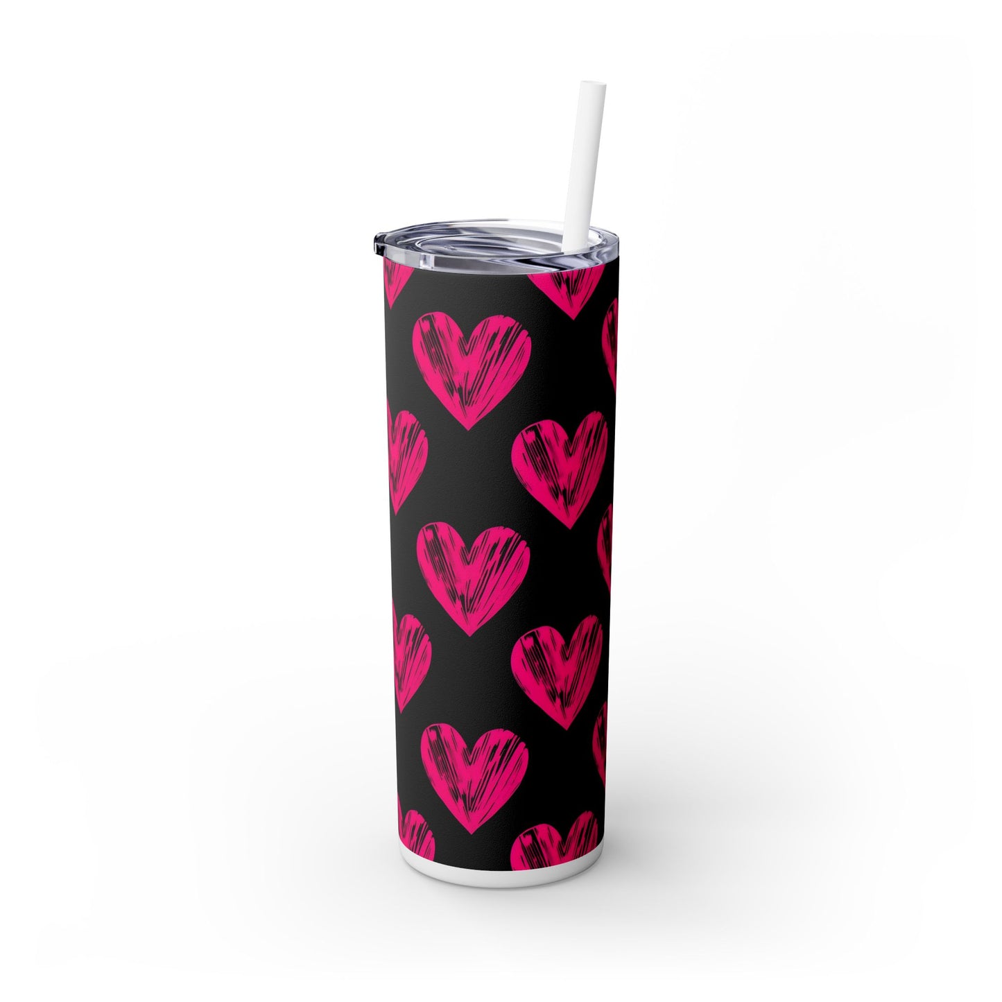 Pink Heart Skinny Tumbler with Straw, Stylish 20oz Travel Cup, Perfect for Gifts, Valentine's Day, Love, Drinks