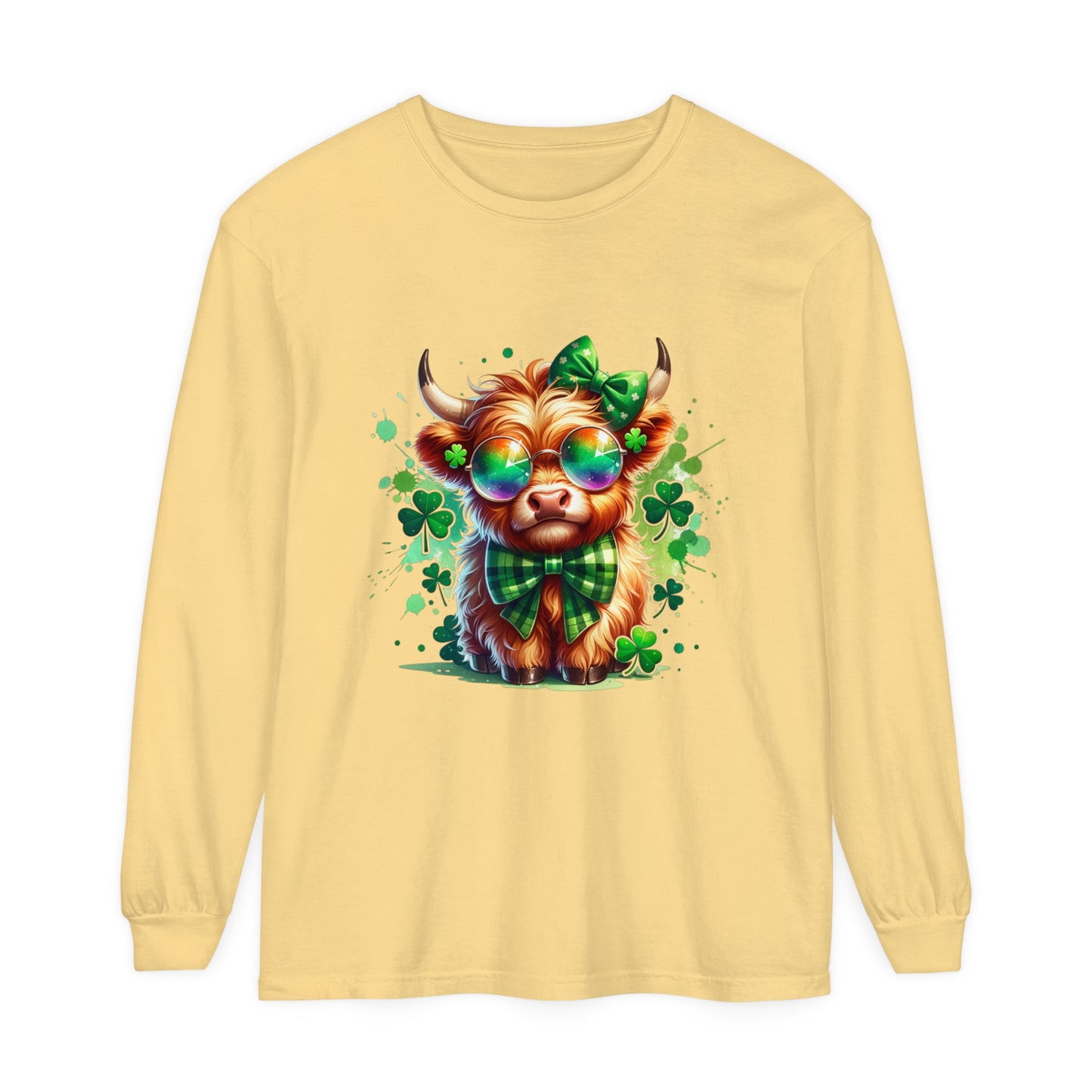 Charming Highland Cow Long Sleeve Tee, Fun St. Patrick's Day Top, Irish Gift, Cute Animal Shirt, Casual Wear, Ladies & Gents