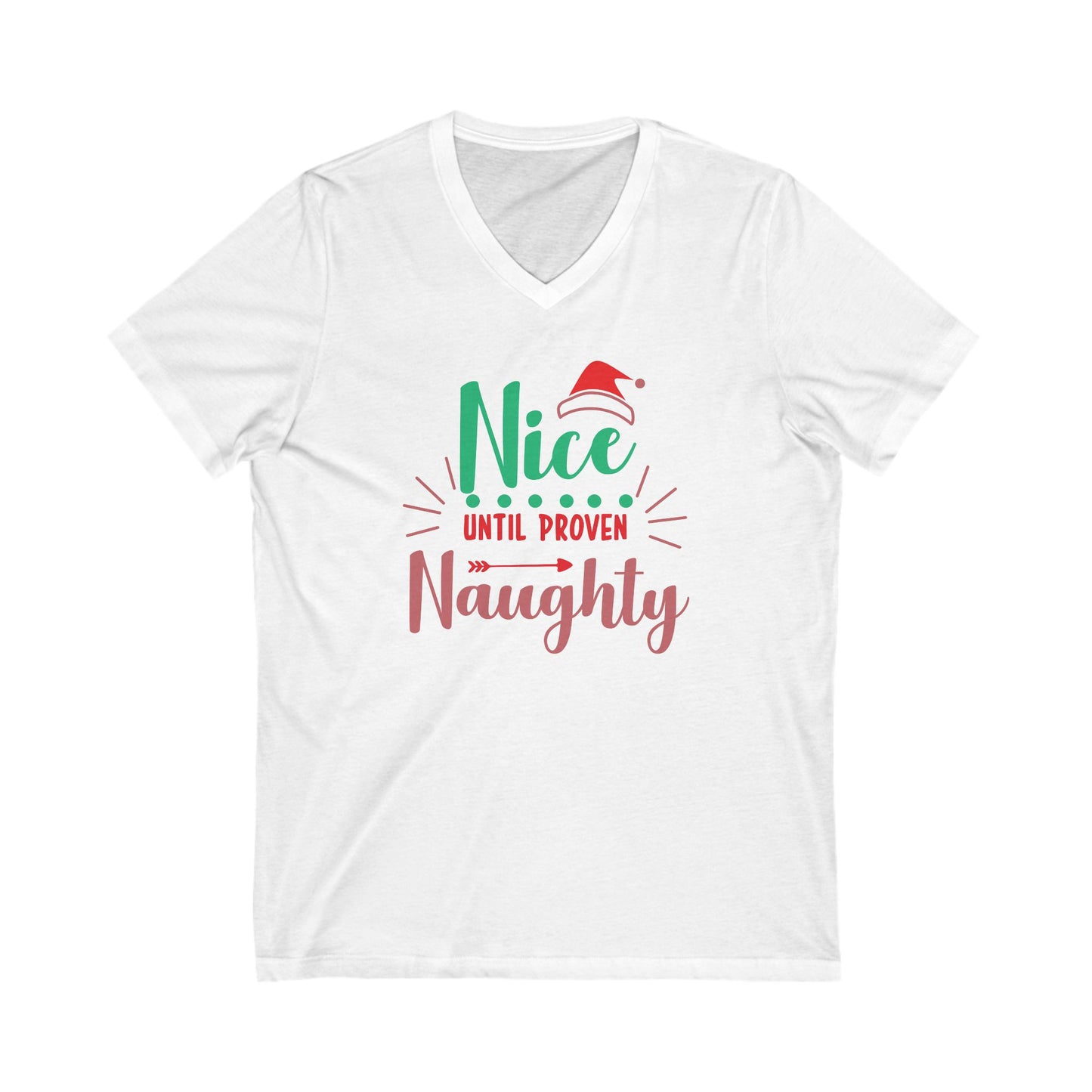 Holiday Humor Unisex V-Neck Tee, Christmas Shirt, Funny Holiday Apparel, Gift for Friends, Naughty Nice Tee