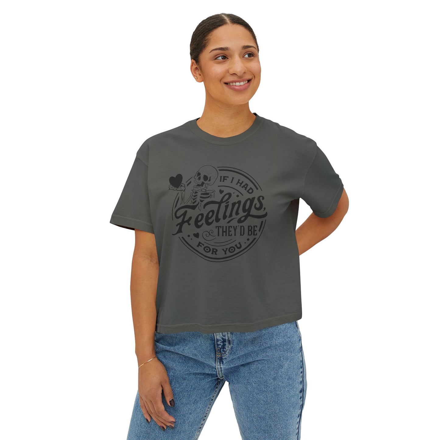 Skeleton Feelings Boxy Tee - Fun & Casual Valentine's Day Graphic Top for Women