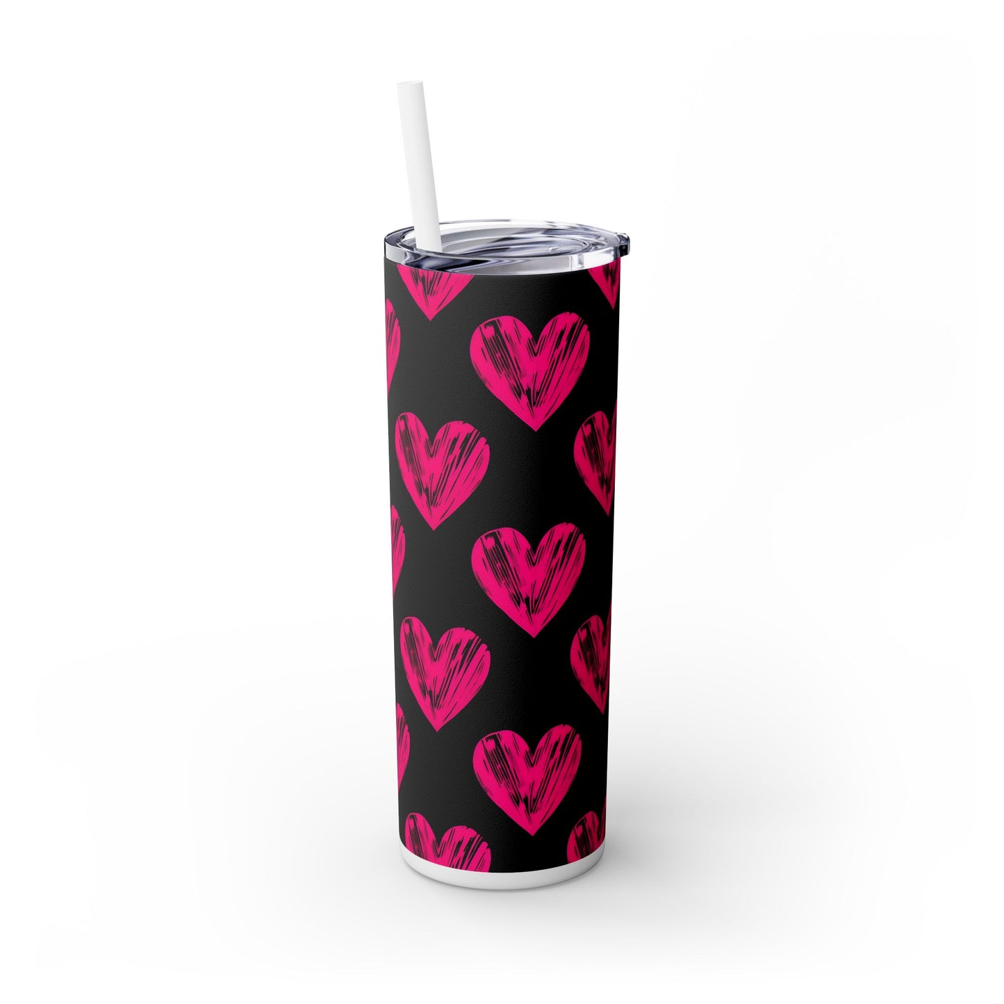 Pink Heart Skinny Tumbler with Straw, Stylish 20oz Travel Cup, Perfect for Gifts, Valentine's Day, Love, Drinks