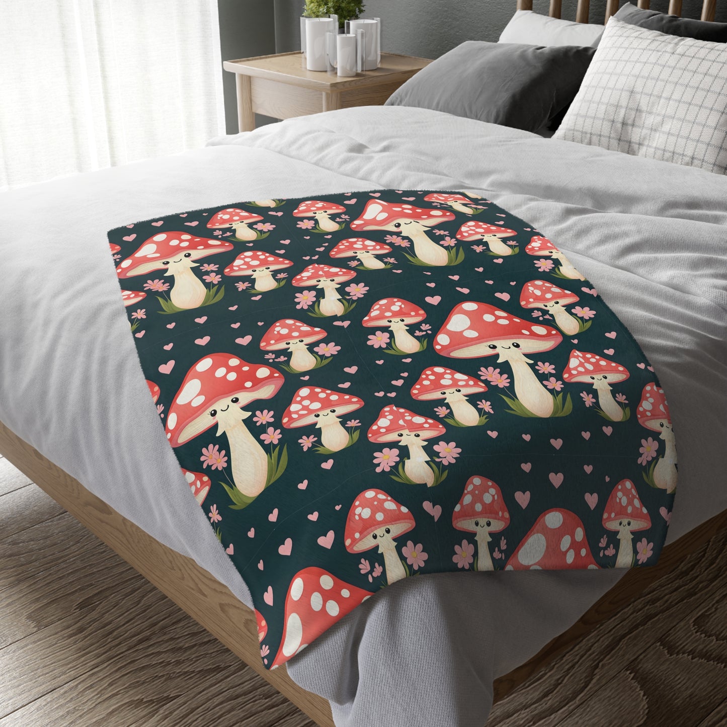 Mushroom Love Velveteen Blanket, Cozy Microfiber Throw, Cute Home Decor, Gift for Nature Lovers, Perfect for Kids and Collectors