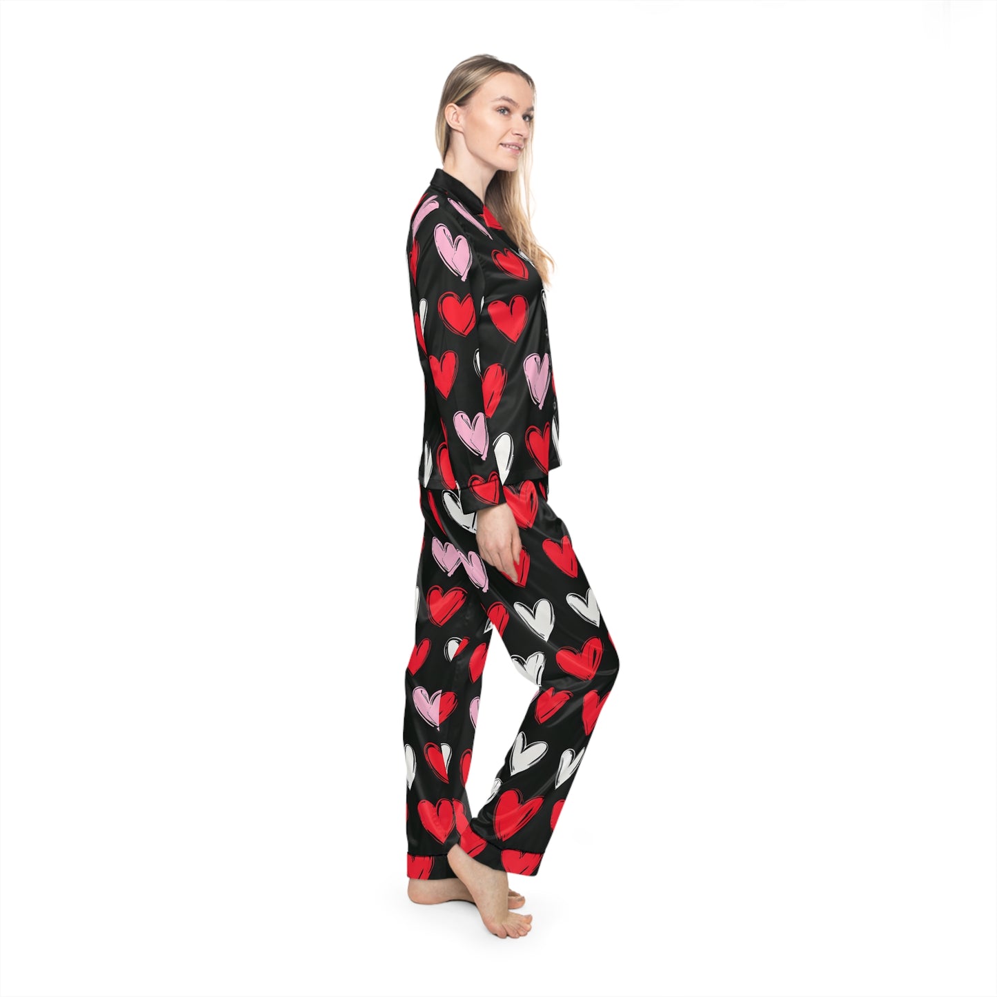 Cozy Heart Pattern Satin Pajamas for Women - Perfect for Valentine's Day & Relaxation