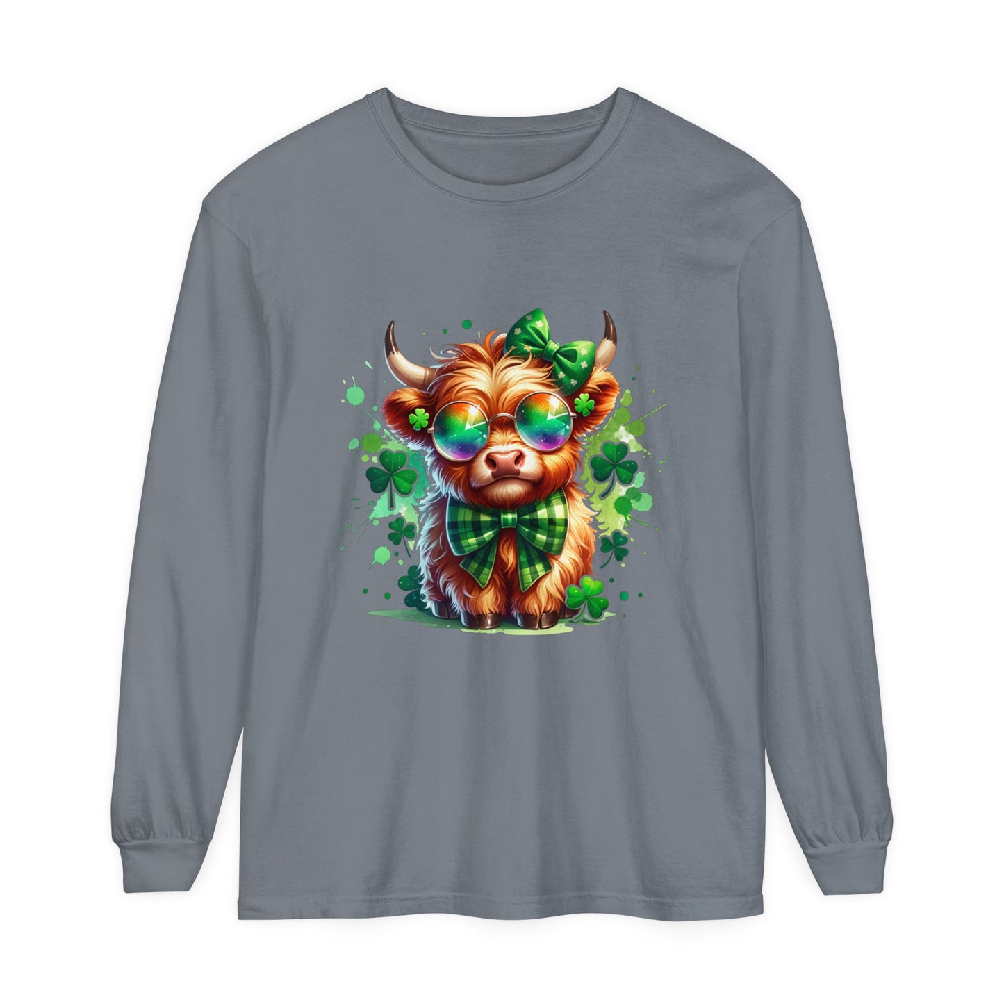 Charming Highland Cow Long Sleeve Tee, Fun St. Patrick's Day Top, Irish Gift, Cute Animal Shirt, Casual Wear, Ladies & Gents