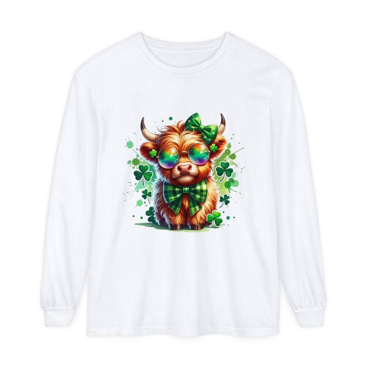 Charming Highland Cow Long Sleeve Tee, Fun St. Patrick's Day Top, Irish Gift, Cute Animal Shirt, Casual Wear, Ladies & Gents