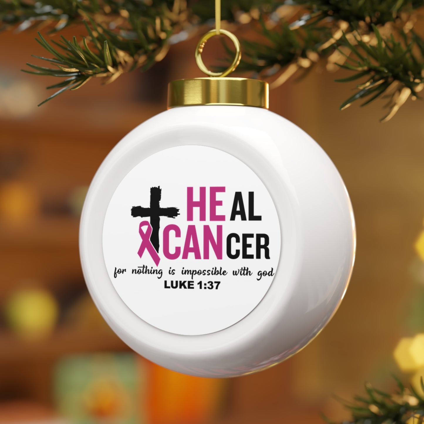 Inspirational Christmas Ball Ornament, Faith Decor for Holidays, Cancer Awareness Ornament, Religious Gift, Luke 1:37,