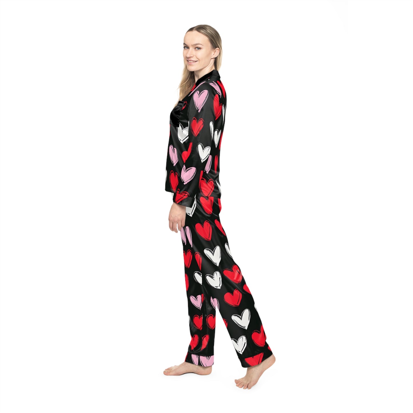 Cozy Heart Pattern Satin Pajamas for Women - Perfect for Valentine's Day & Relaxation