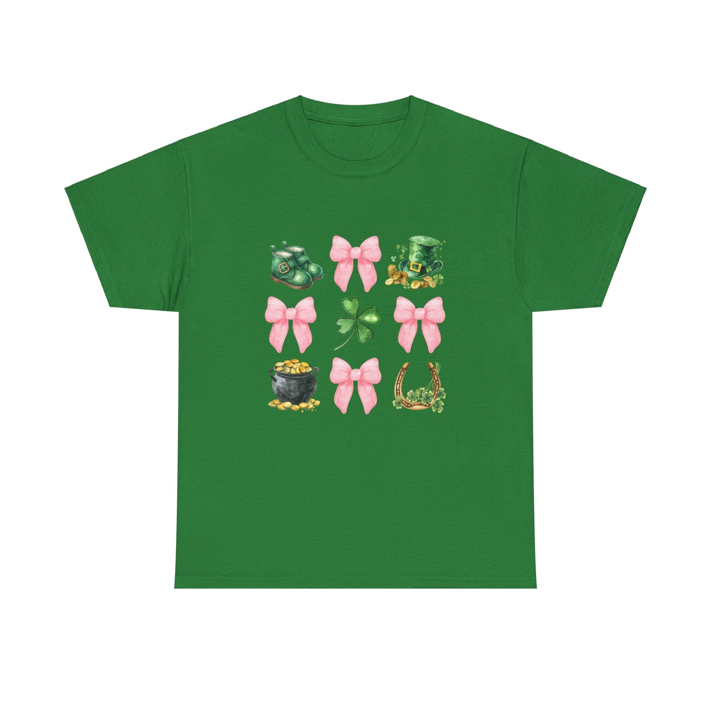 St Patricks Day Unisex Heavy Cotton Tee, Cute Clover &amp; Bow Design, Lucky Shirt for Festivities, Green Holiday Apparel, Fun Gift Idea,