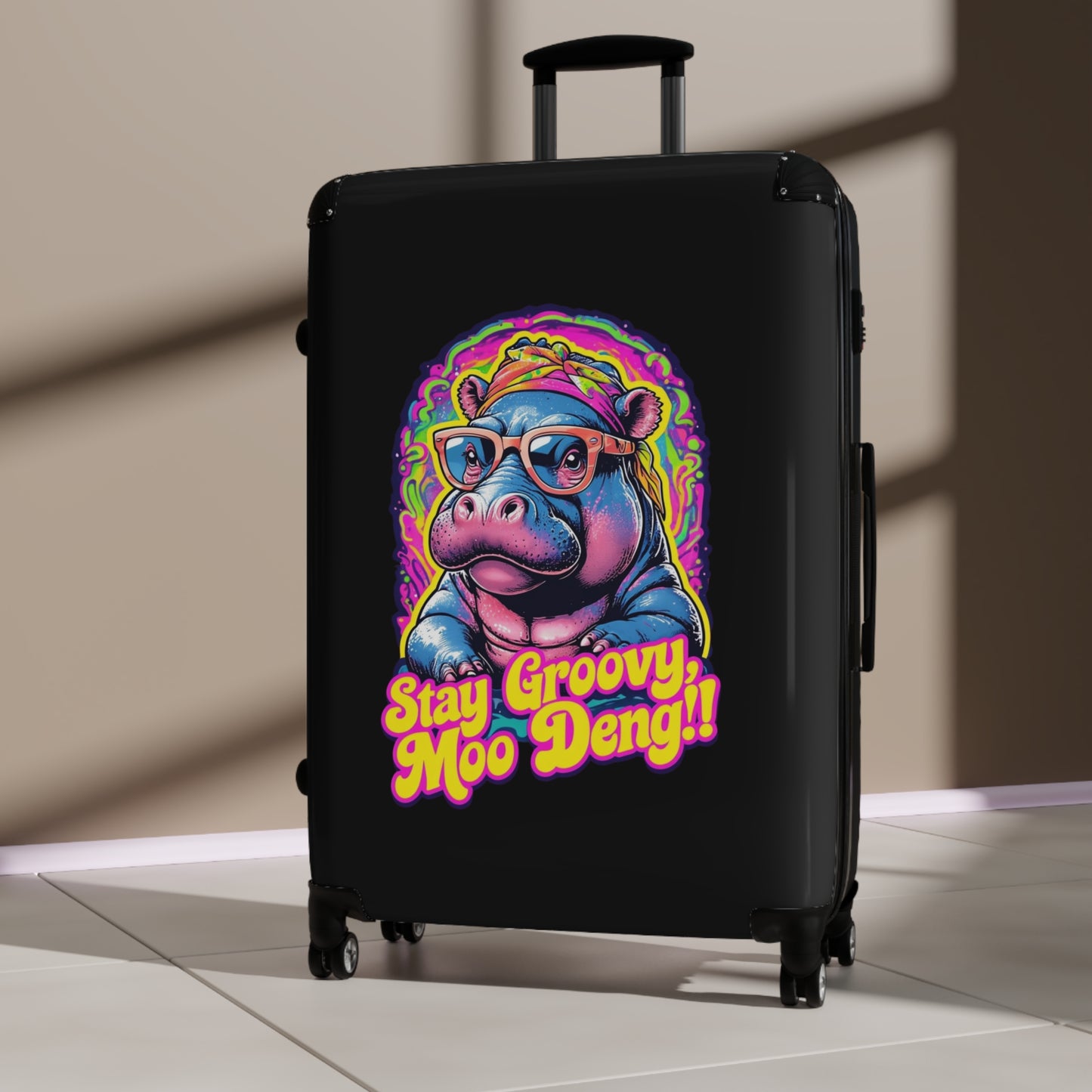 Groovy Hippo Suitcase - Fun Luggage for Travelers, Vacation, Gifts - Stay Groovy Moo Deng Design, Summer Adventures, Cute Travel Gear