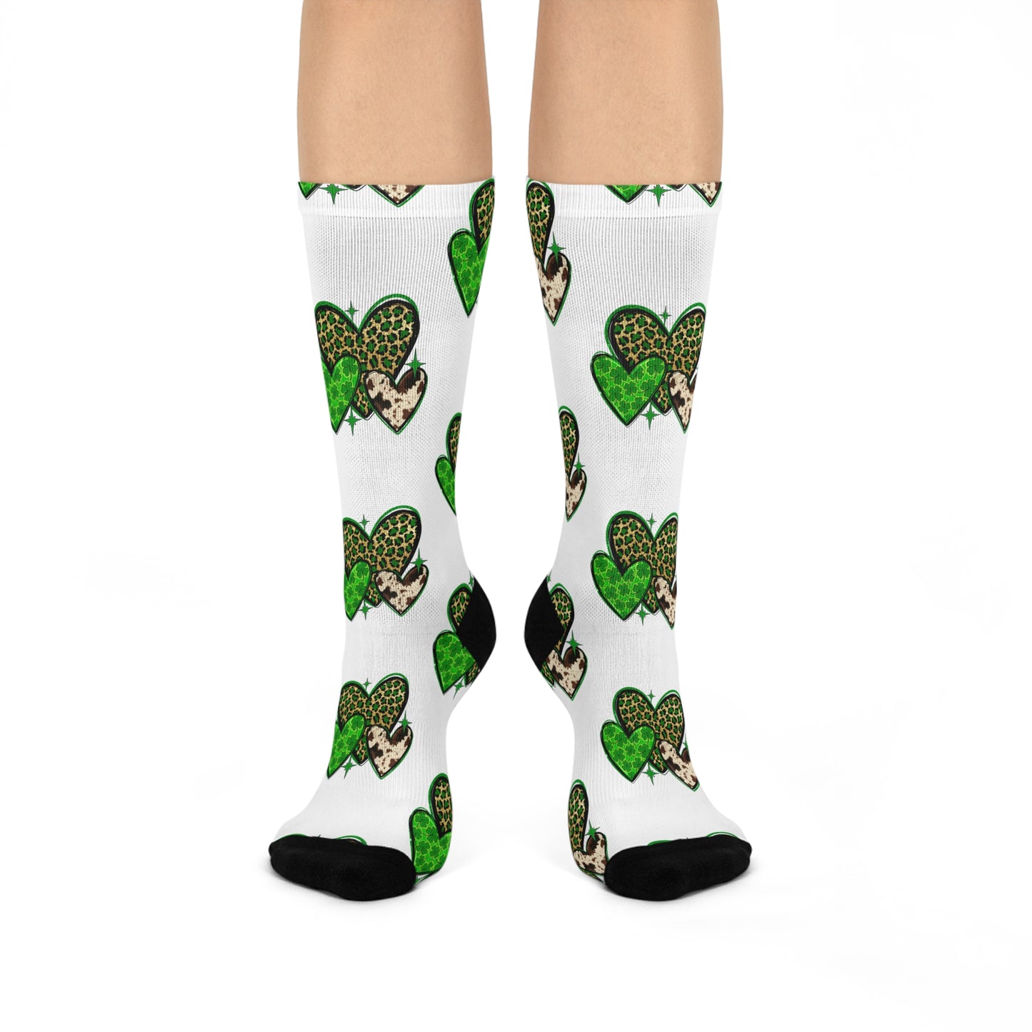 Cushioned Crew Socks Featuring Trendy Green Hearts, Fun Fashion Socks, Unique Gift for Her, St. Patricks Day, Everyday Wear, Cool Patterns