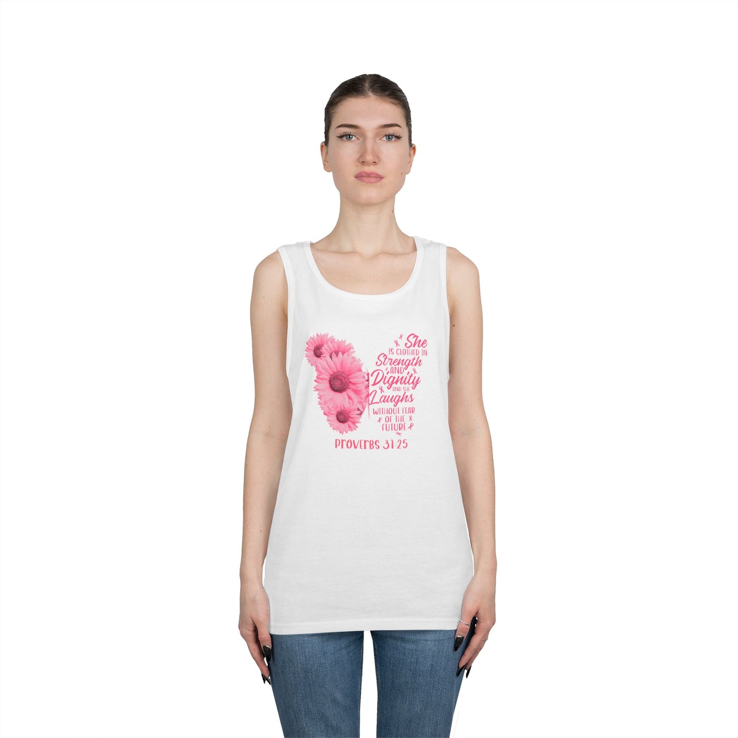 Proverbs 31:25 Floral Unisex Heavy Cotton Tank Top - Strength, Dignity, Laughter