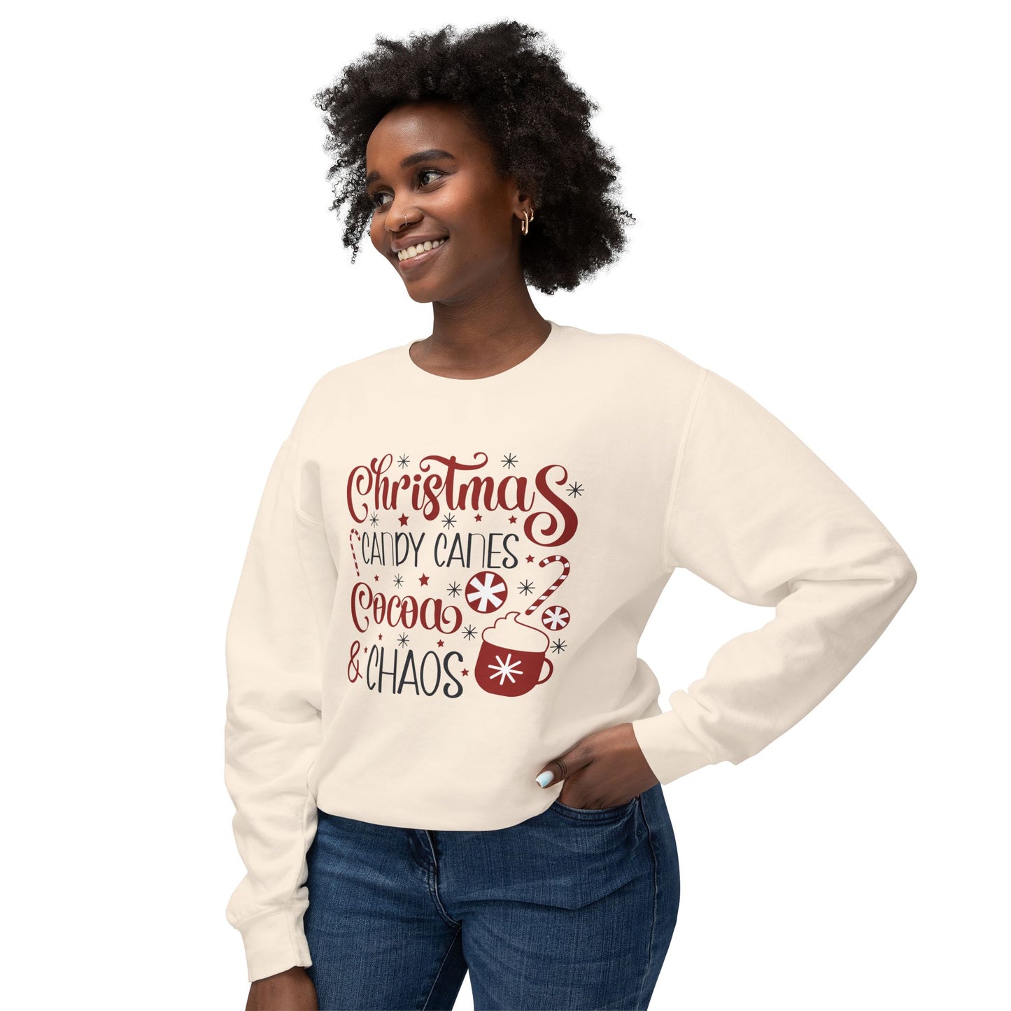 Christmas Candy Canes Cocoa & Chaos Sweatshirt, Unisex Holiday Apparel, Cozy Winter Gift, Festive Sweater, Seasonal Wear