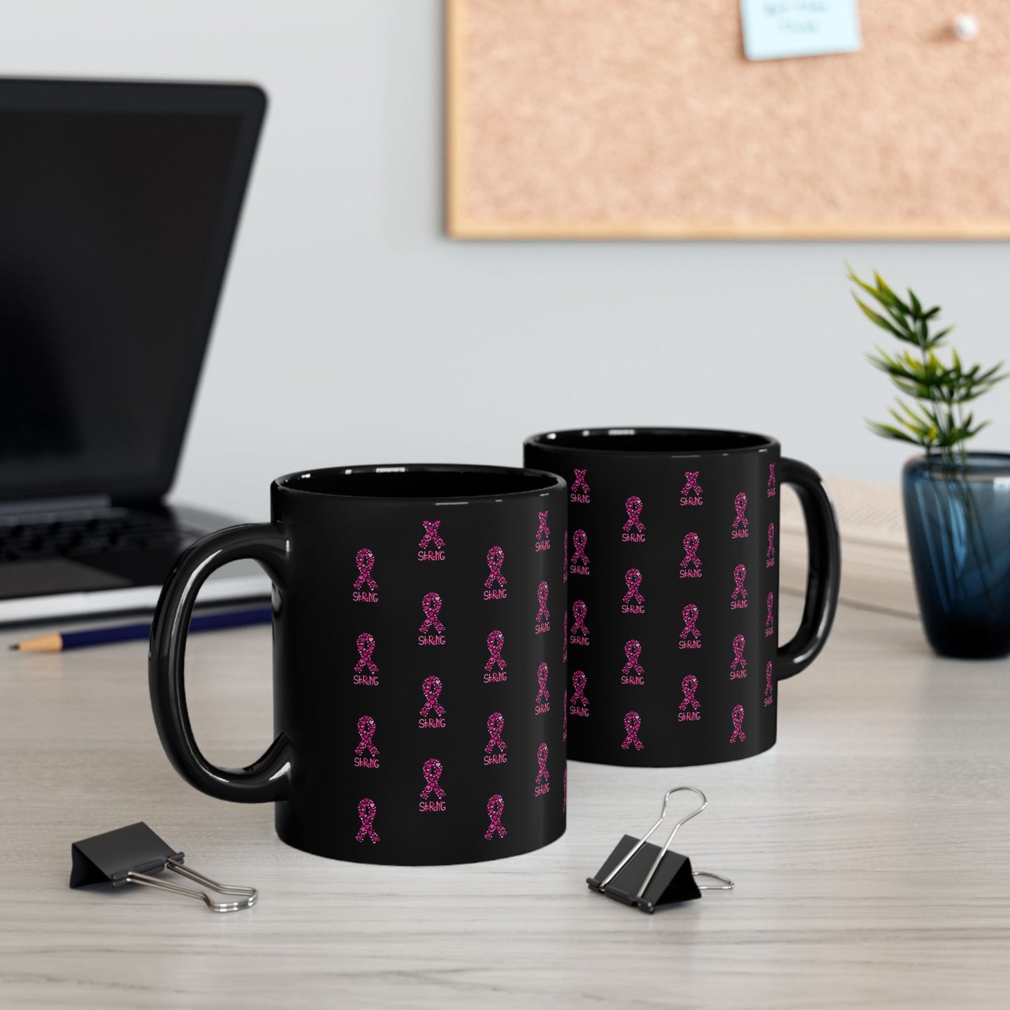 Pink Ribbon Support Mug, Cancer Awareness Coffee Cup, Breast Cancer Fighters Gift, Encouragement, Thoughtful Present, Black Mug 11oz 15oz