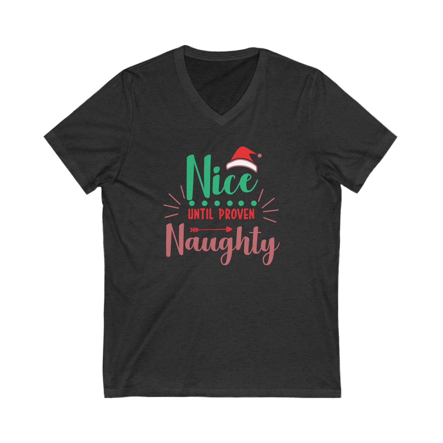 Holiday Humor Unisex V-Neck Tee, Christmas Shirt, Funny Holiday Apparel, Gift for Friends, Naughty Nice Tee