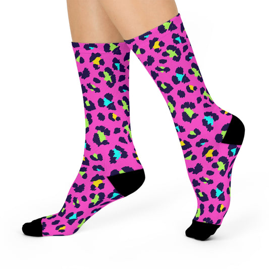 Colorful Leopard Print Cushioned Crew Socks, Fun Socks, Gift for Her, Birthday Socks, Cozy Lounge Wear, Casual Fashion