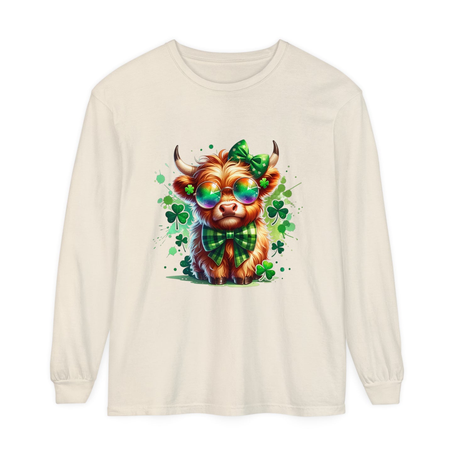 Charming Highland Cow Long Sleeve Tee, Fun St. Patrick's Day Top, Irish Gift, Cute Animal Shirt, Casual Wear, Ladies & Gents