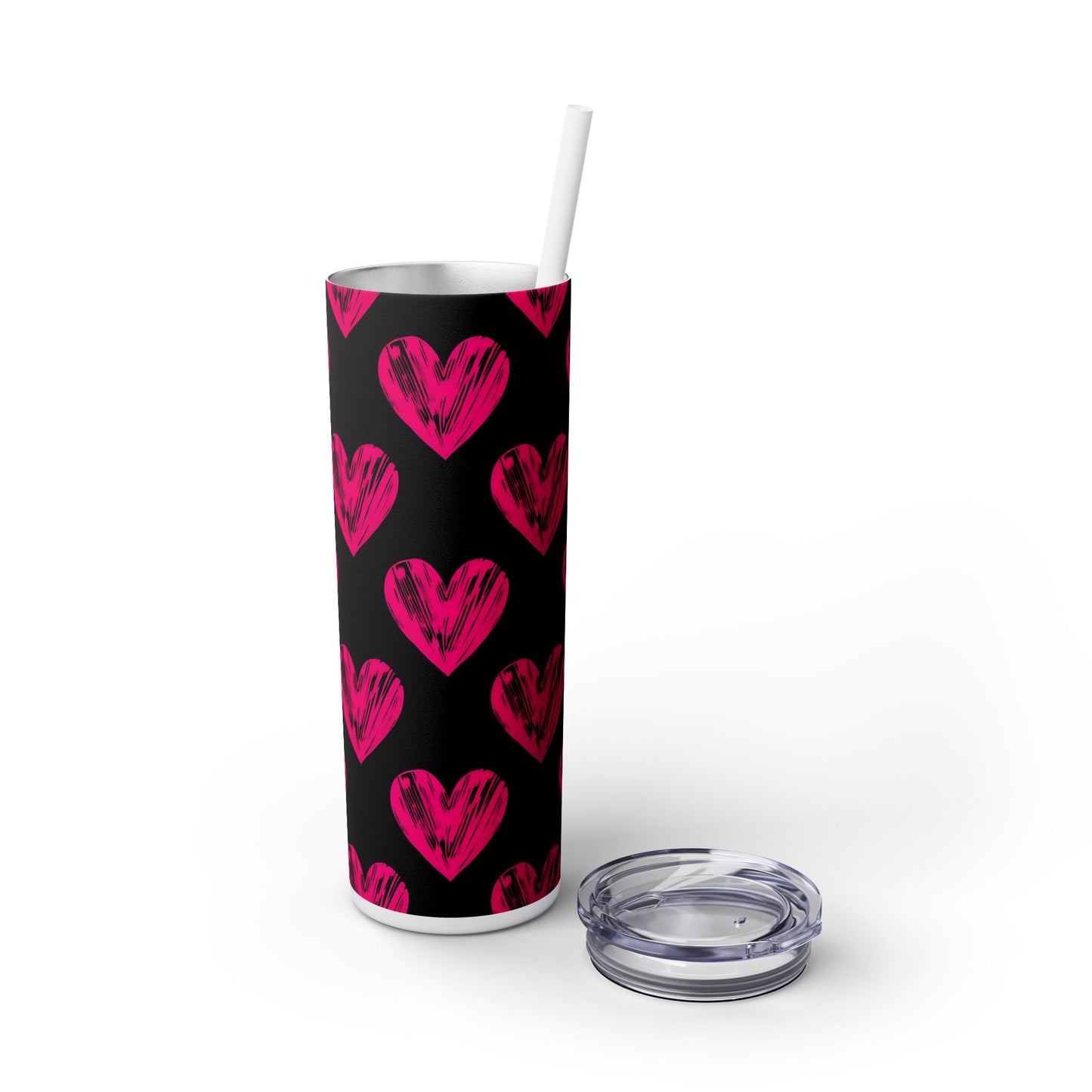 Pink Heart Skinny Tumbler with Straw, Stylish 20oz Travel Cup, Perfect for Gifts, Valentine's Day, Love, Drinks