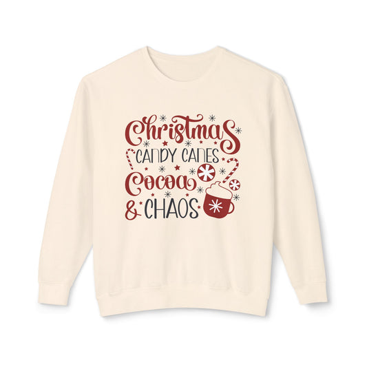 Christmas Candy Canes Cocoa & Chaos Sweatshirt, Unisex Holiday Apparel, Cozy Winter Gift, Festive Sweater, Seasonal Wear