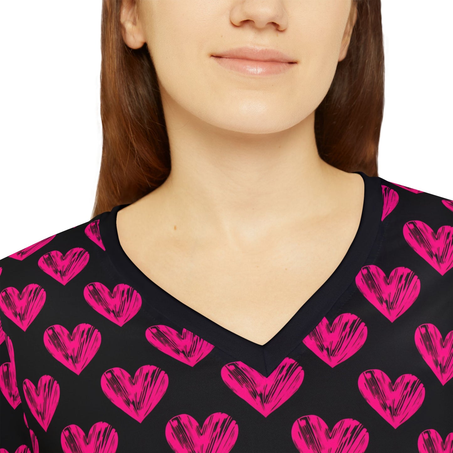 Heart Pattern Women's Long Sleeve V-Neck Shirt - Perfect for Valentine's Day and Casual Wear