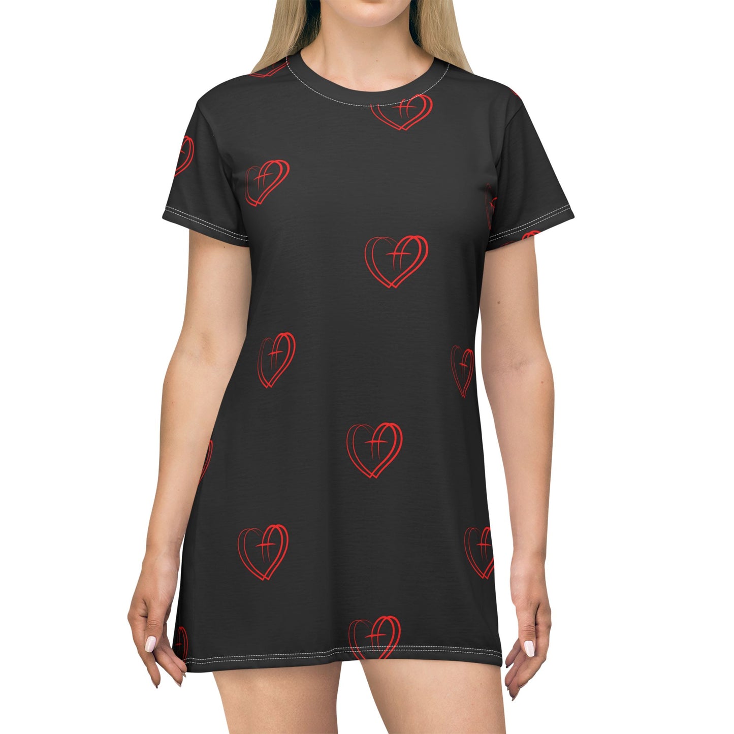 Love Hearts T-Shirt Dress - Casual Fashion, Heart Prints, Gift for Her, Summer Wear, Valentines Day Outfit, Lounge Dress