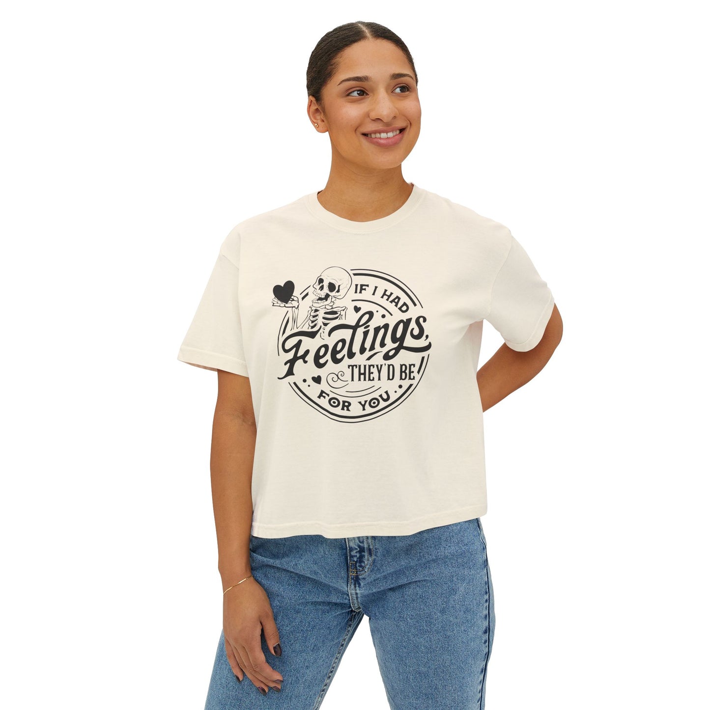 Skeleton Feelings Boxy Tee - Fun & Casual Valentine's Day Graphic Top for Women