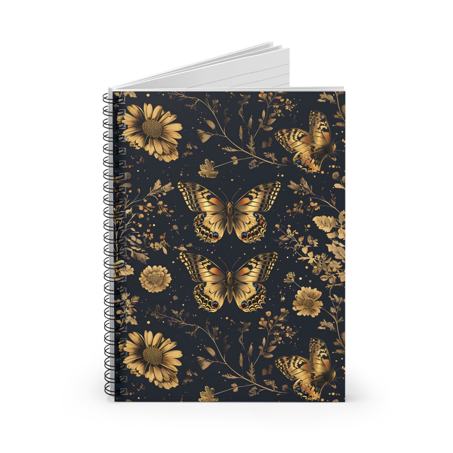 Golden Butterfly Journal - Ruled Line Spiral Notebook, Gift for Nature Lovers, Elegant School Supplies, Writing Journal