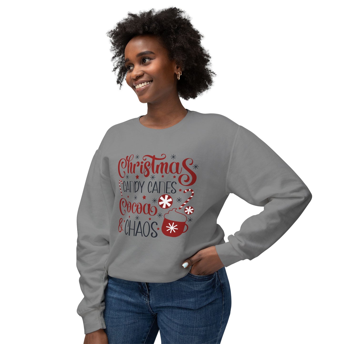 Christmas Candy Canes Cocoa & Chaos Sweatshirt, Unisex Holiday Apparel, Cozy Winter Gift, Festive Sweater, Seasonal Wear